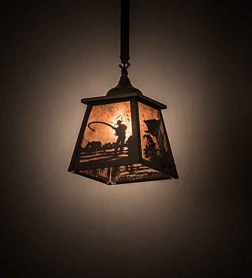Meyda Lighting Fly Fishing 12" Timeless Bronze Pendant Light With Silver Mica Shade Glass