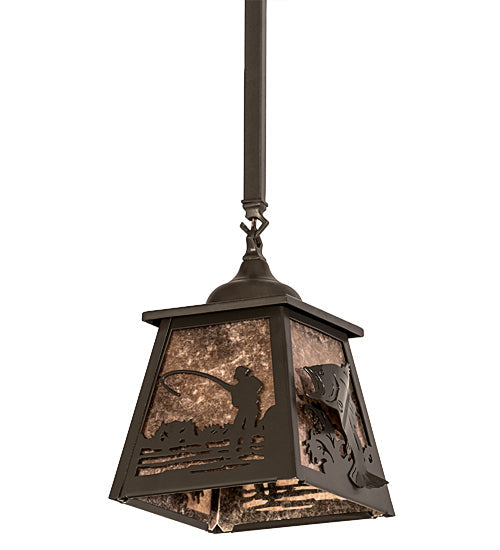 Meyda Lighting Fly Fishing 12" Timeless Bronze Pendant Light With Silver Mica Shade Glass