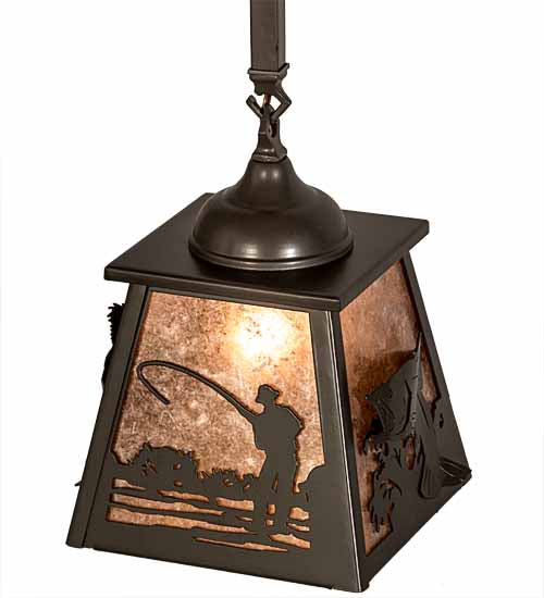 Meyda Lighting Fly Fishing 12" Timeless Bronze Pendant Light With Silver Mica Shade Glass