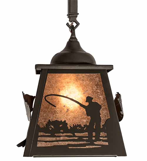 Meyda Lighting Fly Fishing 12" Timeless Bronze Pendant Light With Silver Mica Shade Glass