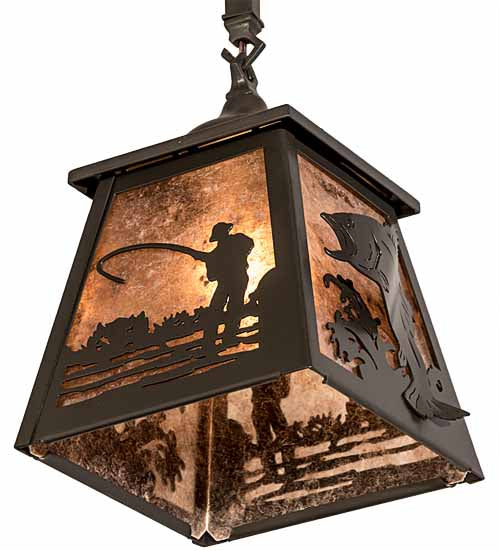 Meyda Lighting Fly Fishing 12" Timeless Bronze Pendant Light With Silver Mica Shade Glass