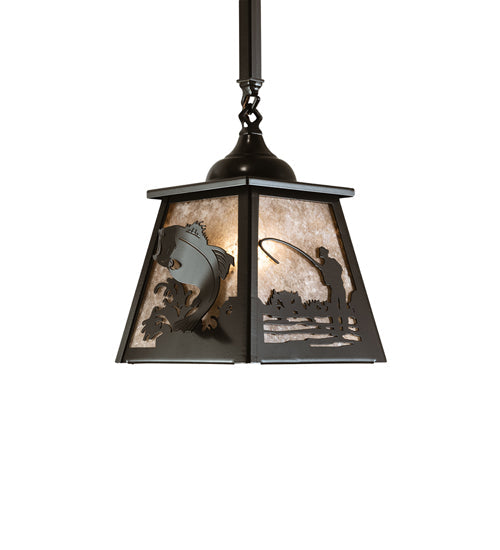 Meyda Lighting Fly Fishing 239060 12" Timeless Bronze Pendant Light With Silver Mica Shade Glass