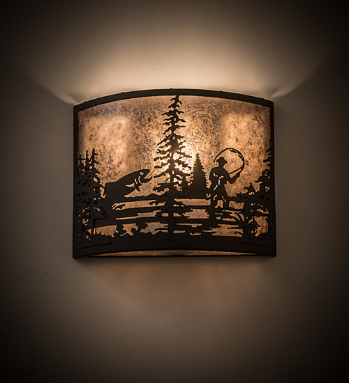 Meyda Lighting Fly Fishing Creek 14" Oil Rubbed Bronze Wall Sconce With Silver Mica Shade Glass