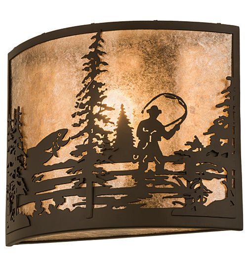 Meyda Lighting Fly Fishing Creek 14" Oil Rubbed Bronze Wall Sconce With Silver Mica Shade Glass