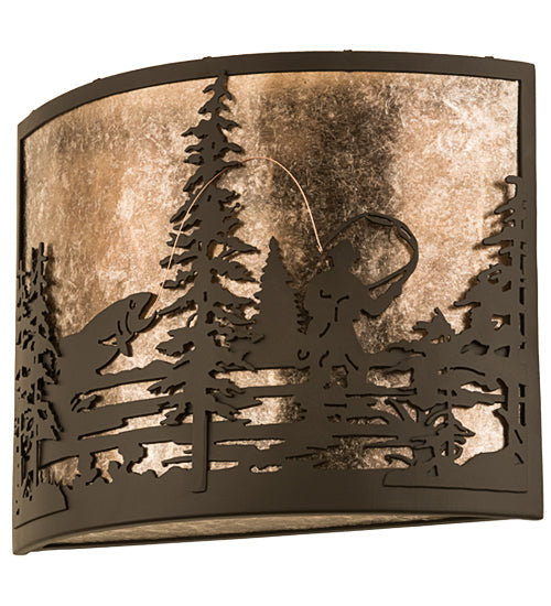 Meyda Lighting Fly Fishing Creek 14" Oil Rubbed Bronze Wall Sconce With Silver Mica Shade Glass