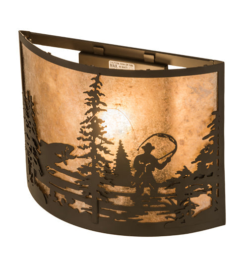 Meyda Lighting Fly Fishing Creek 14" Oil Rubbed Bronze Wall Sconce With Silver Mica Shade Glass
