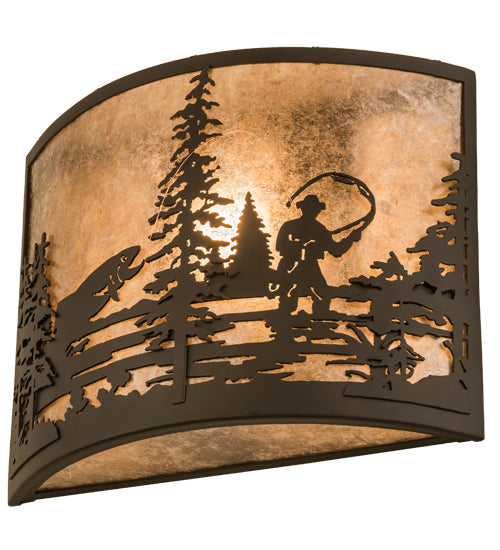 Meyda Lighting Fly Fishing Creek 14" Oil Rubbed Bronze Wall Sconce With Silver Mica Shade Glass