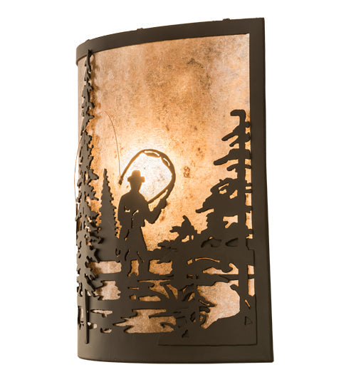 Meyda Lighting Fly Fishing Creek 14" Oil Rubbed Bronze Wall Sconce With Silver Mica Shade Glass