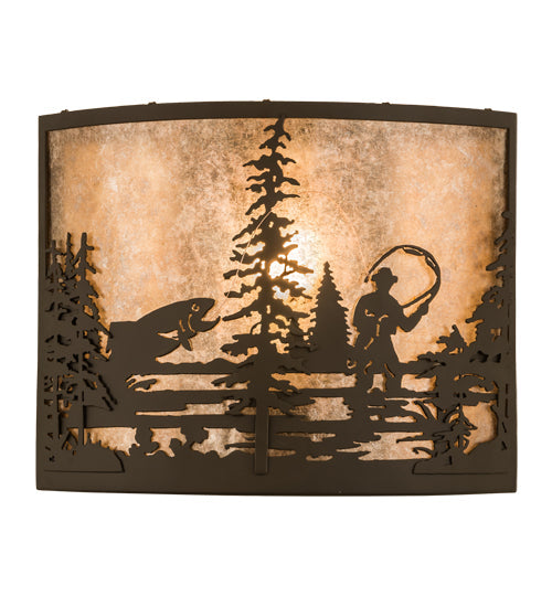 Meyda Lighting Fly Fishing Creek 14" Oil Rubbed Bronze Wall Sconce With Silver Mica Shade Glass