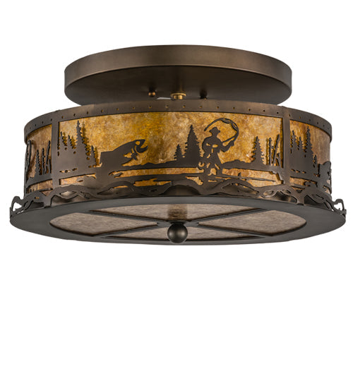 Meyda Lighting Fly Fishing Creek 16" 2-Light Antique Copper Flush Mount Light With Amber Mica Shade Glass