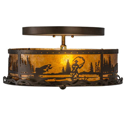 Meyda Lighting Fly Fishing Creek 16" 2-Light Antique Copper Flush Mount Light With Amber Mica Shade Glass