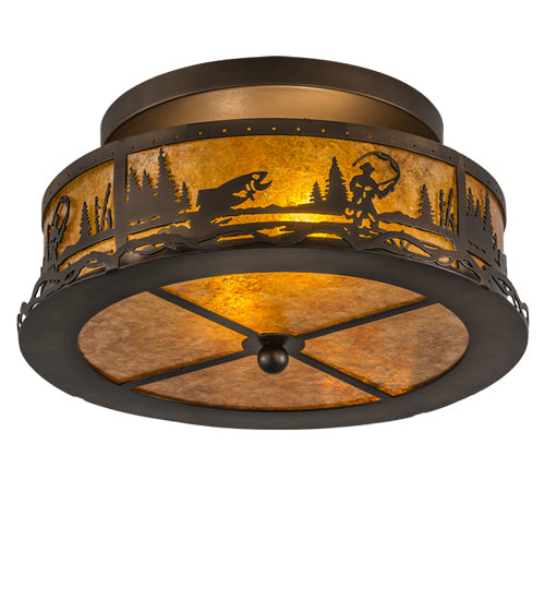 Meyda Lighting Fly Fishing Creek 16" 2-Light Antique Copper Flush Mount Light With Amber Mica Shade Glass