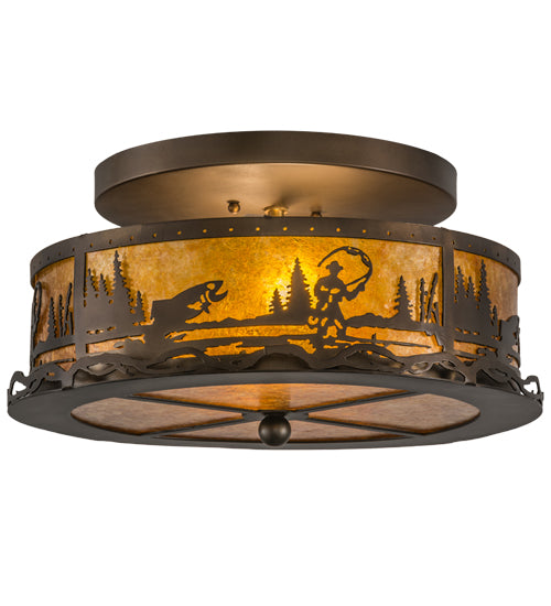 Meyda Lighting Fly Fishing Creek 16" 2-Light Antique Copper Flush Mount Light With Amber Mica Shade Glass