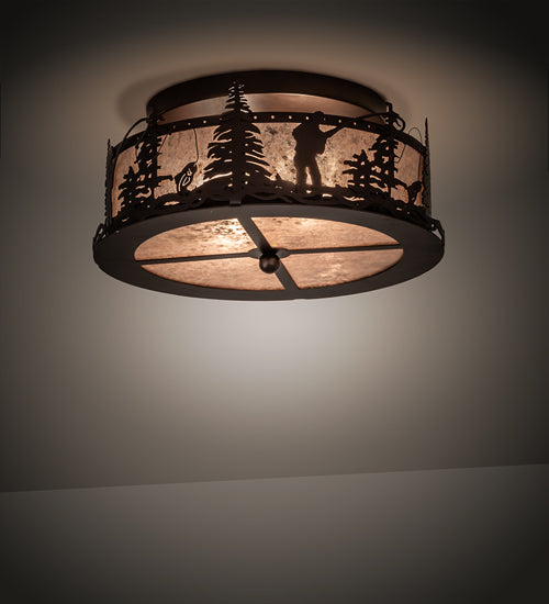 Meyda Lighting Fly Fishing Creek 16" 2-Light Mahogany Bronze Flush Mount Light With Silver Mica Shade Glass