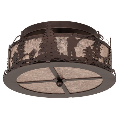 Meyda Lighting Fly Fishing Creek 16" 2-Light Mahogany Bronze Flush Mount Light With Silver Mica Shade Glass