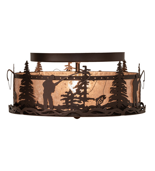 Meyda Lighting Fly Fishing Creek 16" 2-Light Mahogany Bronze Flush Mount Light With Silver Mica Shade Glass