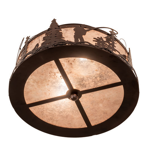 Meyda Lighting Fly Fishing Creek 16" 2-Light Mahogany Bronze Flush Mount Light With Silver Mica Shade Glass