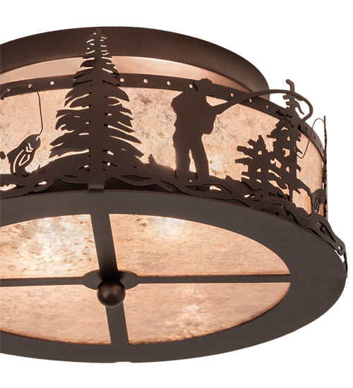 Meyda Lighting Fly Fishing Creek 16" 2-Light Mahogany Bronze Flush Mount Light With Silver Mica Shade Glass