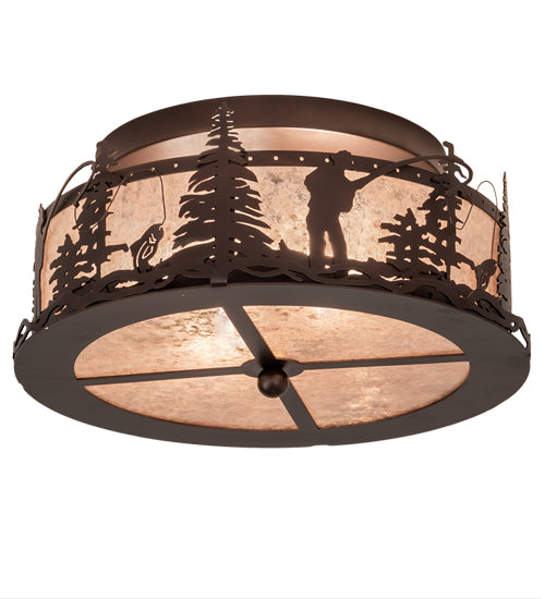 Meyda Lighting Fly Fishing Creek 16" 2-Light Mahogany Bronze Flush Mount Light With Silver Mica Shade Glass