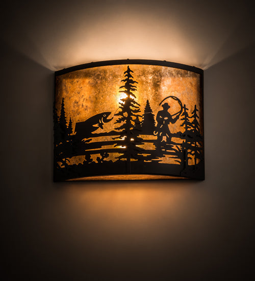 Meyda Lighting Fly Fishing Creek 16" 2-Light Oil Rubbed Bronze Wall Sconce With Amber Mica Shade Glass
