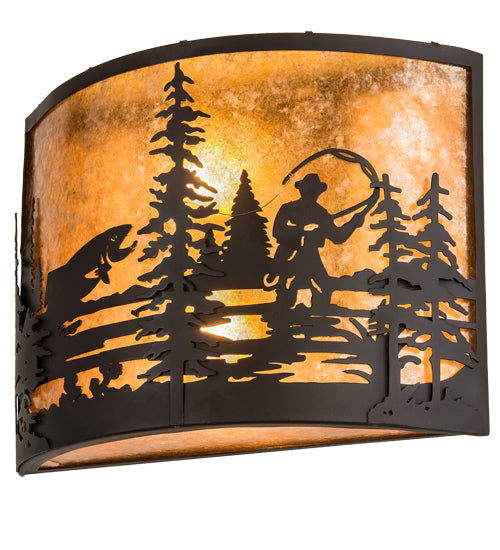 Meyda Lighting Fly Fishing Creek 16" 2-Light Oil Rubbed Bronze Wall Sconce With Amber Mica Shade Glass