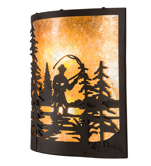 Meyda Lighting Fly Fishing Creek 16" 2-Light Oil Rubbed Bronze Wall Sconce With Amber Mica Shade Glass