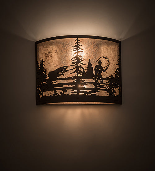 Meyda Lighting Fly Fishing Creek 16" 2-Light Oil Rubbed Bronze Wall Sconce With Silver Mica Shade Glass