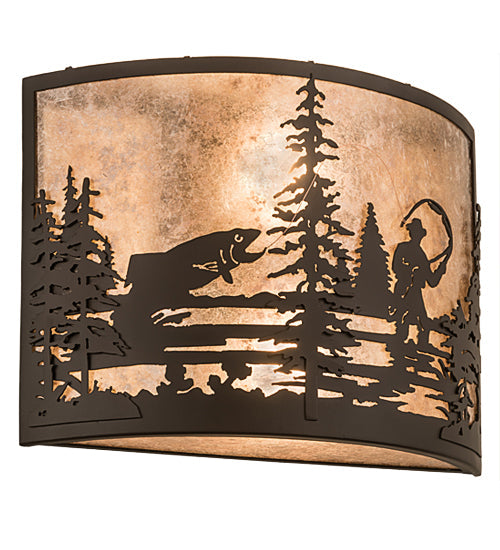 Meyda Lighting Fly Fishing Creek 16" 2-Light Oil Rubbed Bronze Wall Sconce With Silver Mica Shade Glass