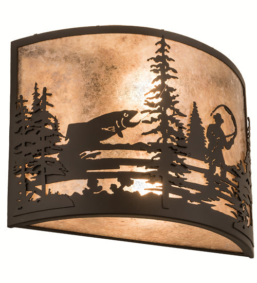 Meyda Lighting Fly Fishing Creek 16" 2-Light Oil Rubbed Bronze Wall Sconce With Silver Mica Shade Glass