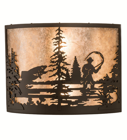 Meyda Lighting Fly Fishing Creek 16" 2-Light Oil Rubbed Bronze Wall Sconce With Silver Mica Shade Glass