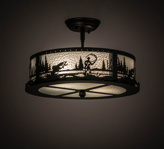 Meyda Lighting Fly Fishing Creek 16" 2-Light Textured Black Flush Mount Light With Frosted Granite Art Shade Glass
