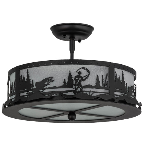 Meyda Lighting Fly Fishing Creek 16" 2-Light Textured Black Flush Mount Light With Frosted Granite Art Shade Glass