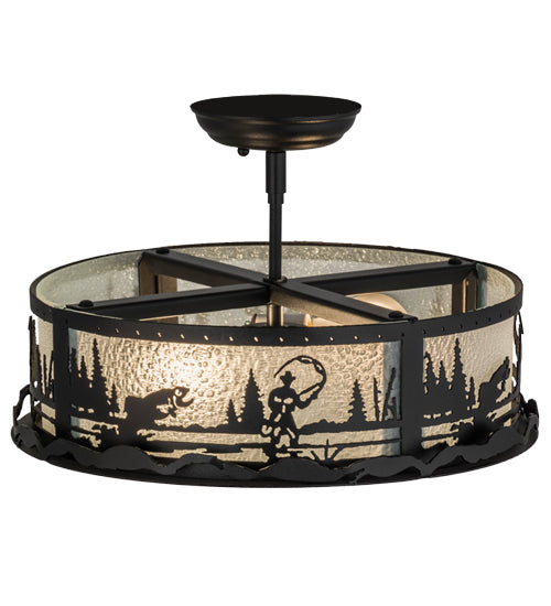Meyda Lighting Fly Fishing Creek 16" 2-Light Textured Black Flush Mount Light With Frosted Granite Art Shade Glass