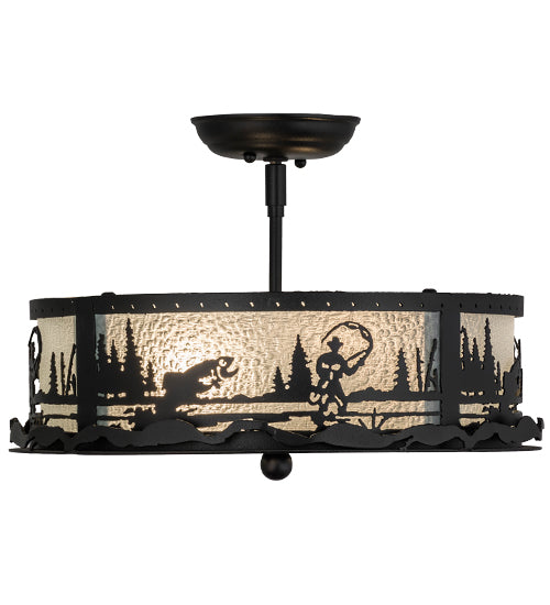 Meyda Lighting Fly Fishing Creek 16" 2-Light Textured Black Flush Mount Light With Frosted Granite Art Shade Glass