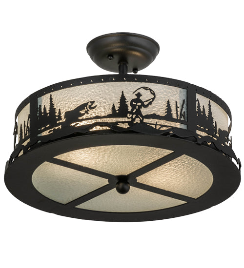 Meyda Lighting Fly Fishing Creek 16" 2-Light Textured Black Flush Mount Light With Frosted Granite Art Shade Glass