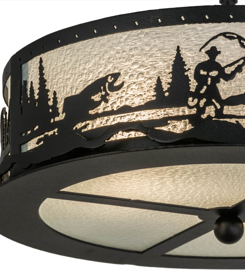 Meyda Lighting Fly Fishing Creek 16" 2-Light Textured Black Flush Mount Light With Frosted Granite Art Shade Glass