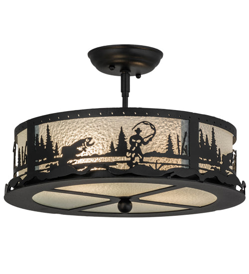 Meyda Lighting Fly Fishing Creek 16" 2-Light Textured Black Flush Mount Light With Frosted Granite Art Shade Glass