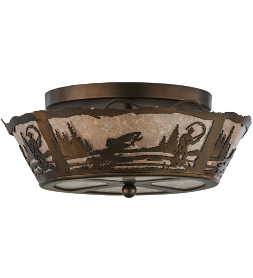 Meyda Lighting Fly Fishing Creek 17" 2-Light Antique Copper Flush Mount Light With Silver Mica Shade Glass