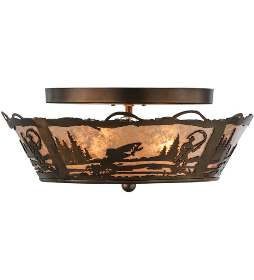 Meyda Lighting Fly Fishing Creek 17" 2-Light Antique Copper Flush Mount Light With Silver Mica Shade Glass