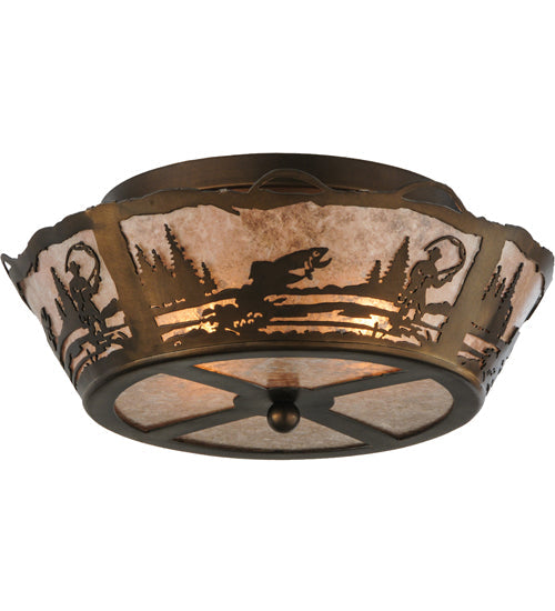 Meyda Lighting Fly Fishing Creek 17" 2-Light Antique Copper Flush Mount Light With Silver Mica Shade Glass