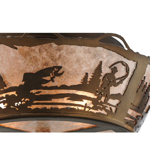 Meyda Lighting Fly Fishing Creek 17" 2-Light Antique Copper Flush Mount Light With Silver Mica Shade Glass