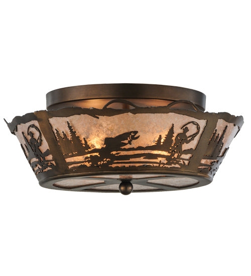 Meyda Lighting Fly Fishing Creek 17" 2-Light Antique Copper Flush Mount Light With Silver Mica Shade Glass