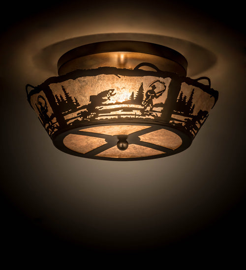 Meyda Lighting Fly Fishing Creek 17" 2-Light Dark Burnished Antique Copper Flush Mount Light With Silver Mica Shade Glass
