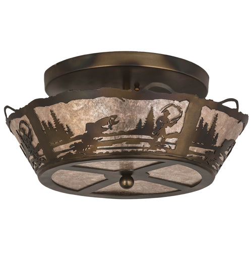 Meyda Lighting Fly Fishing Creek 17" 2-Light Dark Burnished Antique Copper Flush Mount Light With Silver Mica Shade Glass
