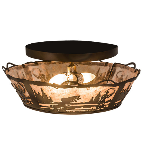 Meyda Lighting Fly Fishing Creek 17" 2-Light Dark Burnished Antique Copper Flush Mount Light With Silver Mica Shade Glass