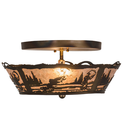 Meyda Lighting Fly Fishing Creek 17" 2-Light Dark Burnished Antique Copper Flush Mount Light With Silver Mica Shade Glass