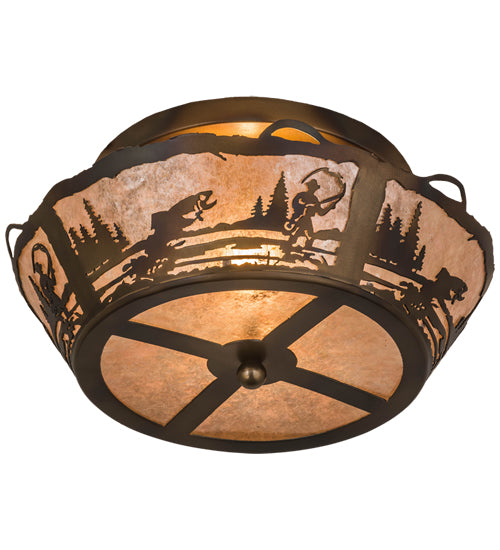 Meyda Lighting Fly Fishing Creek 17" 2-Light Dark Burnished Antique Copper Flush Mount Light With Silver Mica Shade Glass