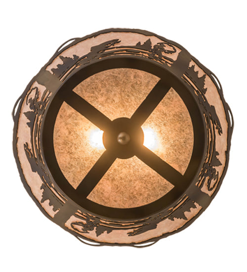 Meyda Lighting Fly Fishing Creek 17" 2-Light Dark Burnished Antique Copper Flush Mount Light With Silver Mica Shade Glass