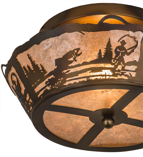 Meyda Lighting Fly Fishing Creek 17" 2-Light Dark Burnished Antique Copper Flush Mount Light With Silver Mica Shade Glass