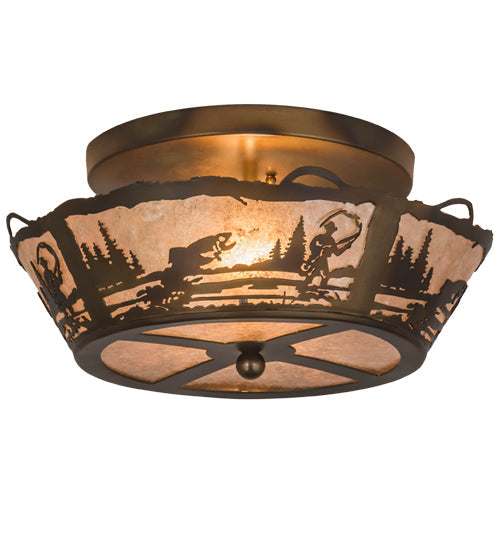 Meyda Lighting Fly Fishing Creek 17" 2-Light Dark Burnished Antique Copper Flush Mount Light With Silver Mica Shade Glass